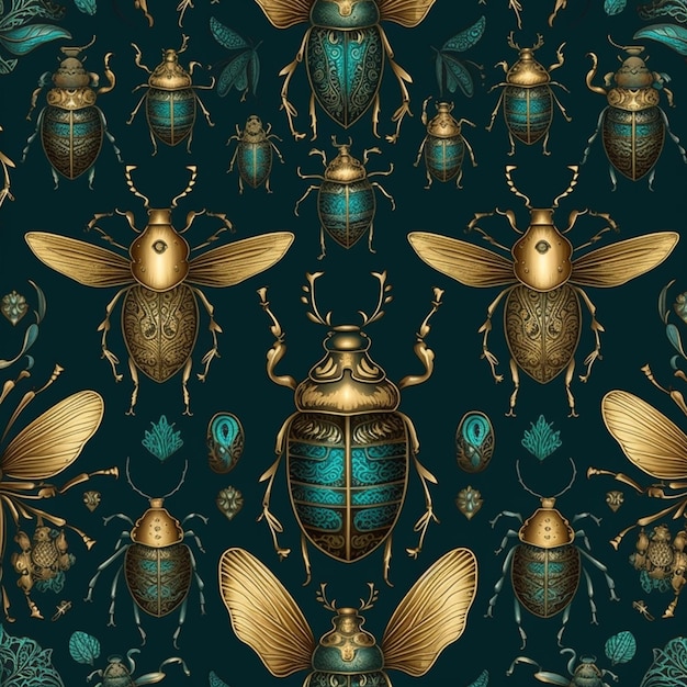 a close up of a pattern of gold and blue bugs generative ai