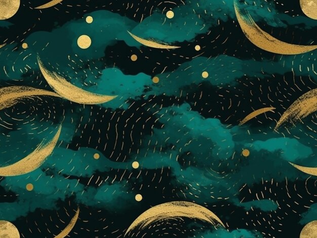 A close up of a pattern of gold and blue clouds generative ai