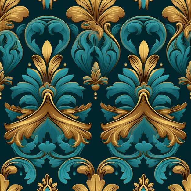 a close up of a pattern of gold and blue flowers generative ai