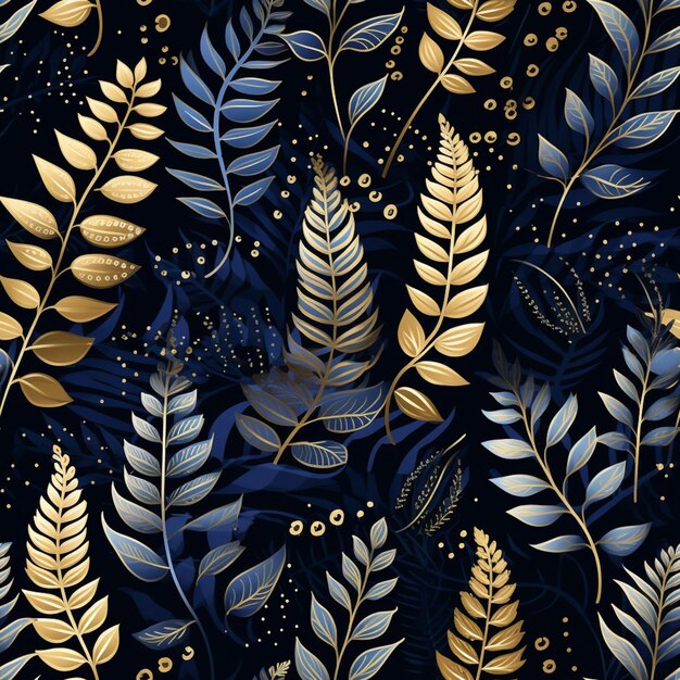 a close up of a pattern of gold and blue leaves generative ai