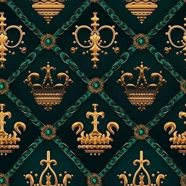 a close up of a pattern of gold crowns on a green background generative ai