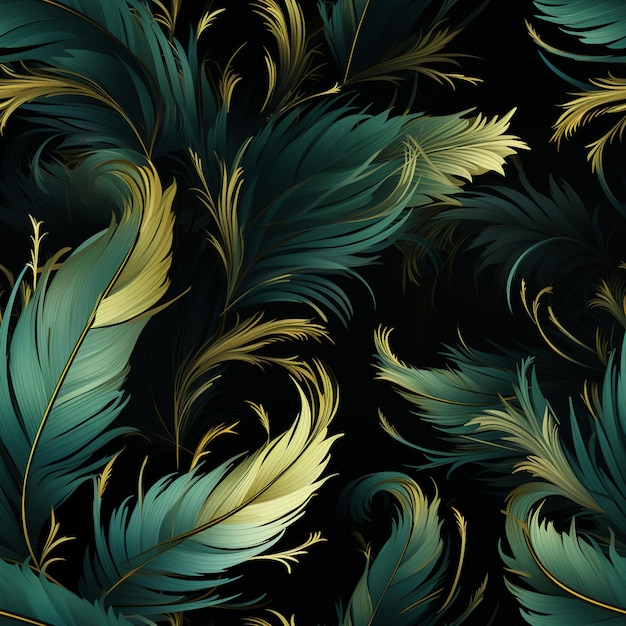 Photo a close up of a pattern of green and gold feathers generative ai