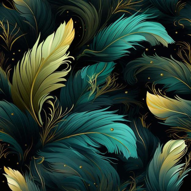 a close up of a pattern of green and gold feathers generative ai
