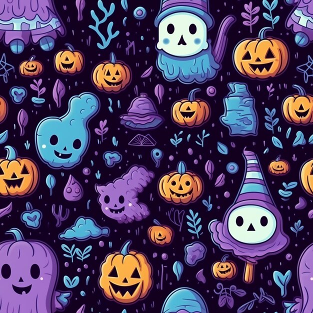 A close up of a pattern of halloween characters on a black background generative ai