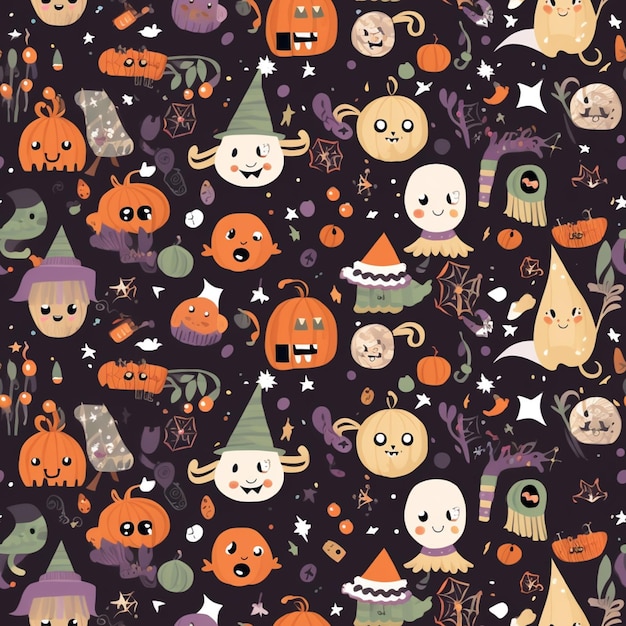 Photo a close up of a pattern of halloween characters on a black background generative ai