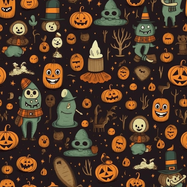 A close up of a pattern of halloween items on a black background generative ai