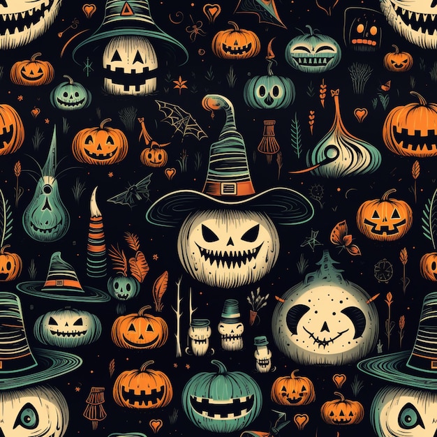 a close up of a pattern of halloween pumpkins and witches generative ai
