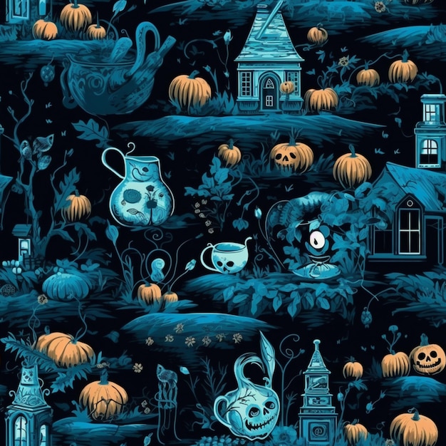 a close up of a pattern of a halloween scene with pumpkins generative ai