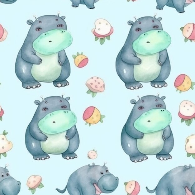 A close up of a pattern of hippos with different fruits generative ai