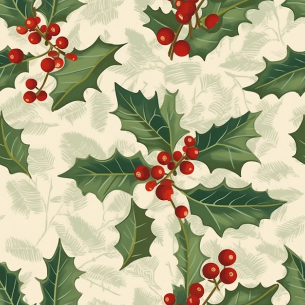 a close up of a pattern of holly leaves and berries generative ai