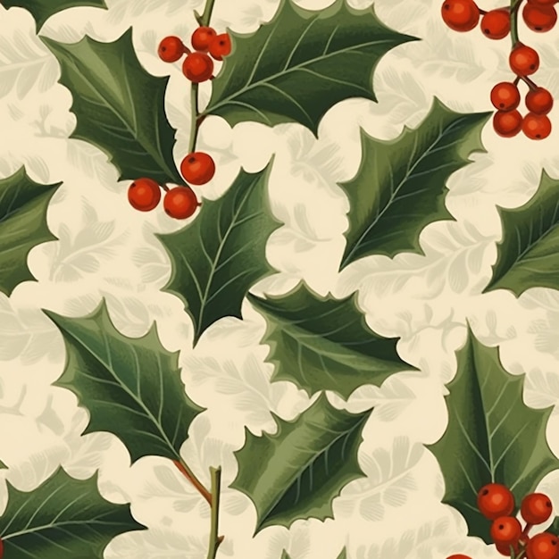 a close up of a pattern of holly leaves and red berries generative ai