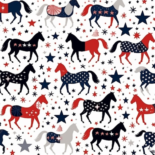 Photo a close up of a pattern of horses and stars generative ai