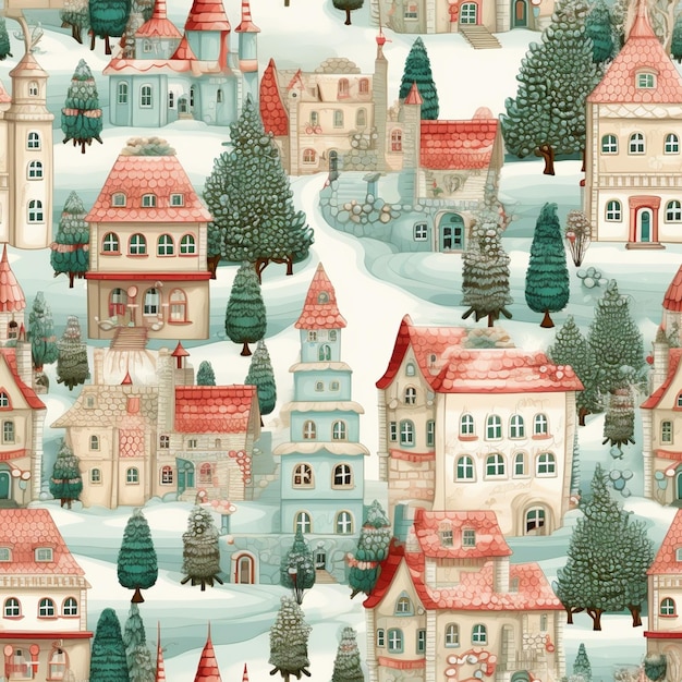 a close up of a pattern of houses and trees on a snowy surface generative ai