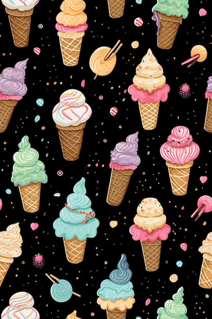 A close up of a pattern of ice cream cones with different toppings generative ai