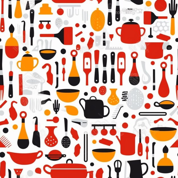 Photo a close up of a pattern of kitchen utensils and cooking utensils generative ai