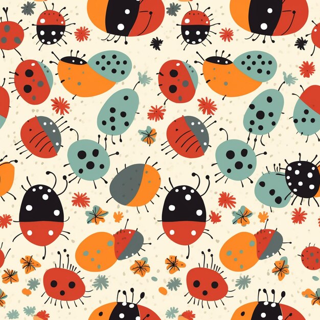 Photo a close up of a pattern of ladybugs and flowers generative ai