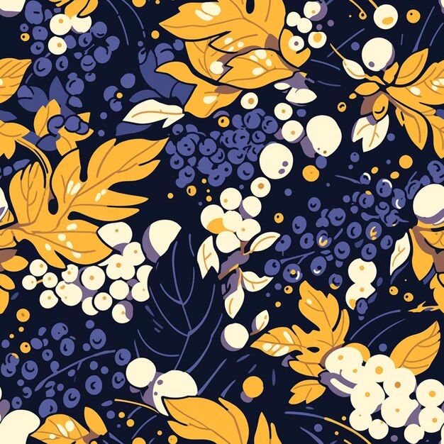 a close up of a pattern of leaves and berries on a blue background generative ai