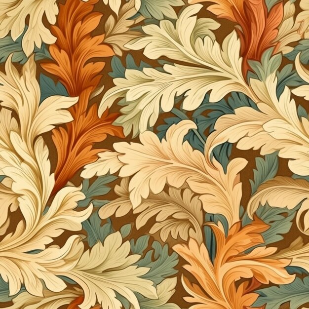 A close up of a pattern of leaves and flowers on a brown background generative ai