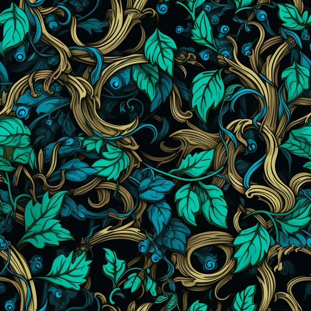 A close up of a pattern of leaves and vines on a black background generative ai