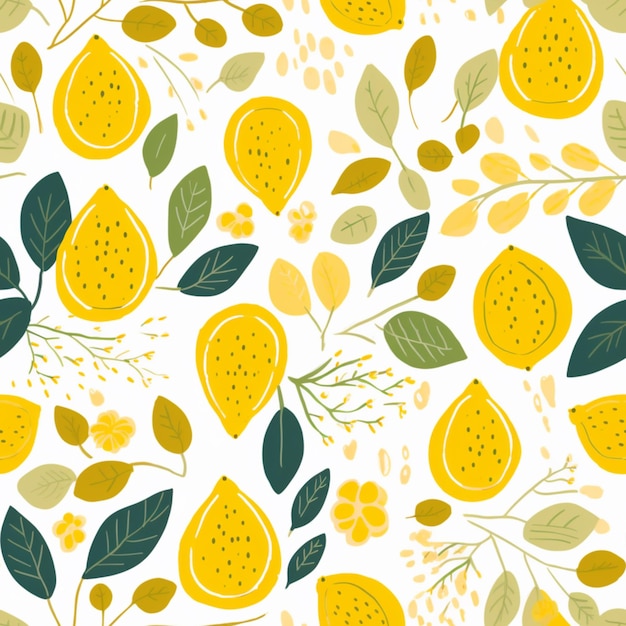 A close up of a pattern of lemons and leaves generative ai