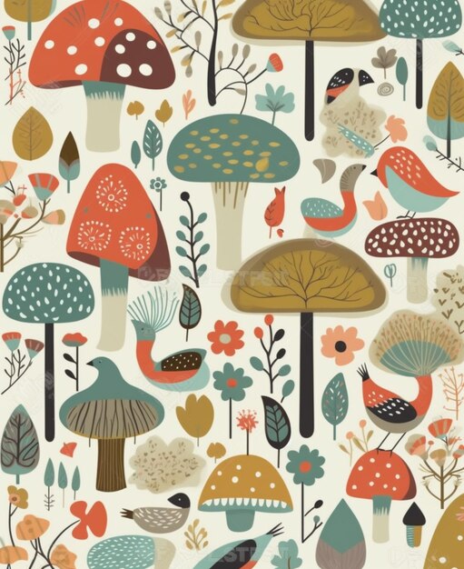 A close up of a pattern of mushrooms and birds generative ai