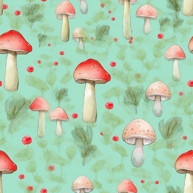 A close up of a pattern of mushrooms on a green background generative ai