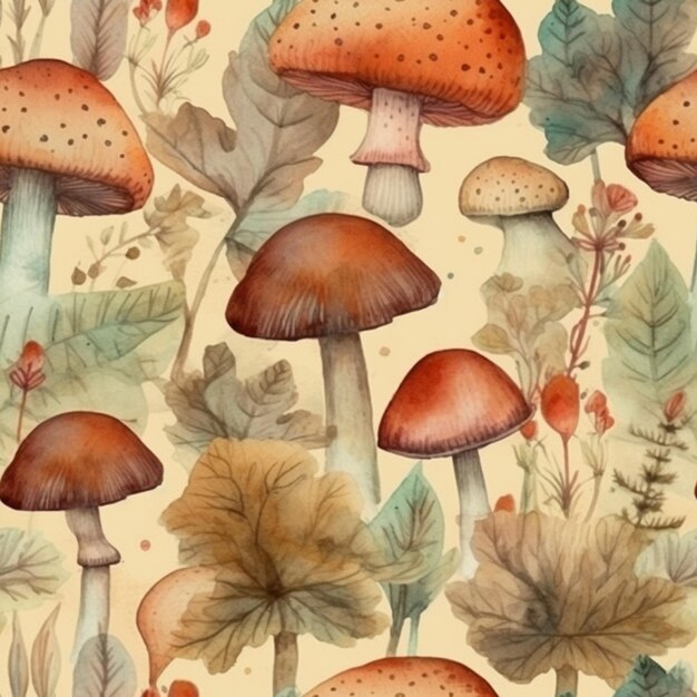 a close up of a pattern of mushrooms and leaves generative ai