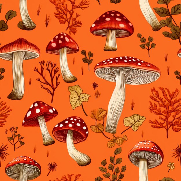 A close up of a pattern of mushrooms and leaves on an orange background generative ai