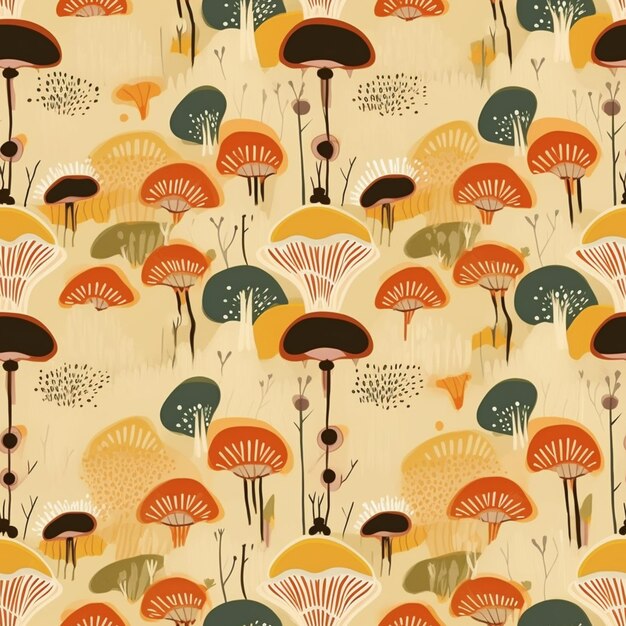 a close up of a pattern of mushrooms on a yellow background generative ai