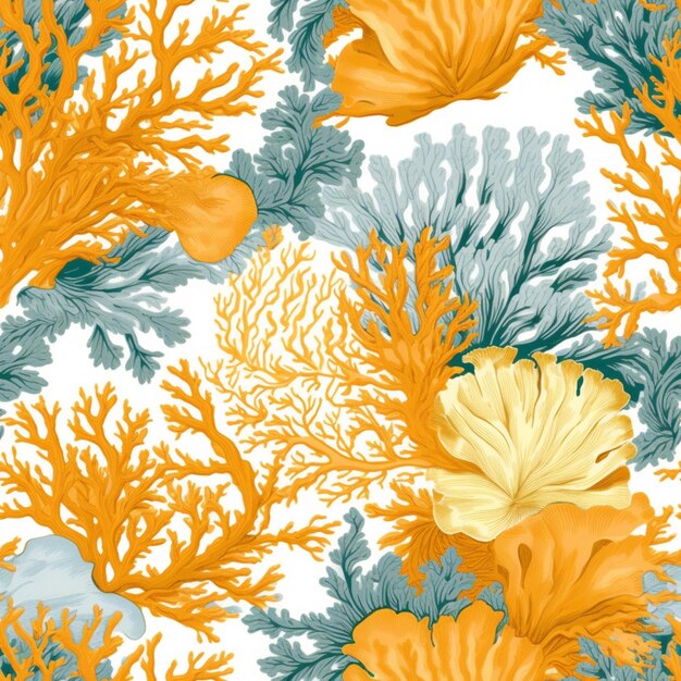 A close up of a pattern of orange and blue corals generative ai