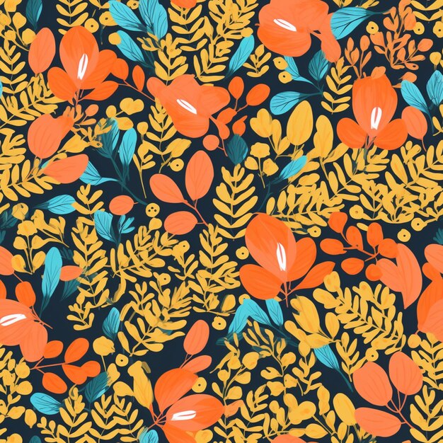 A close up of a pattern of orange and blue flowers generative ai