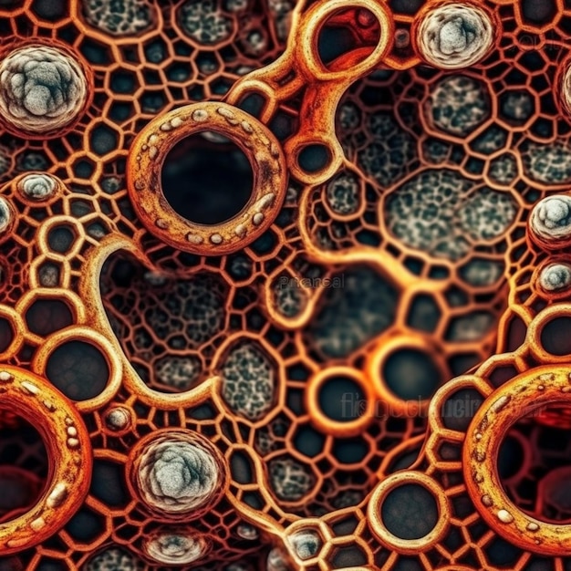 A close up of a pattern of orange and brown circles