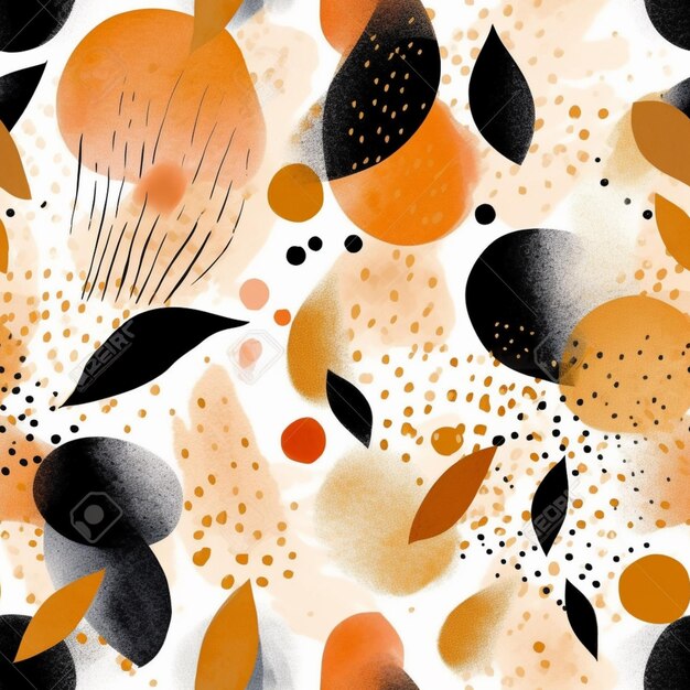 A close up of a pattern of oranges and black leaves generative ai