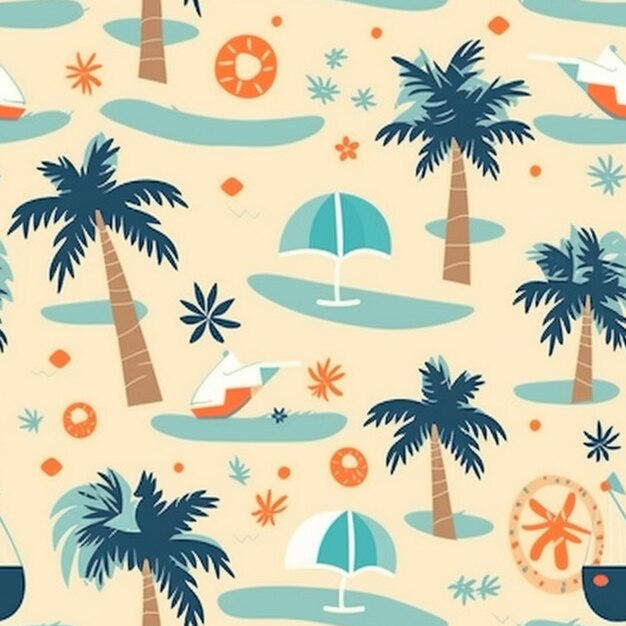 A close up of a pattern of palm trees and boats generative ai