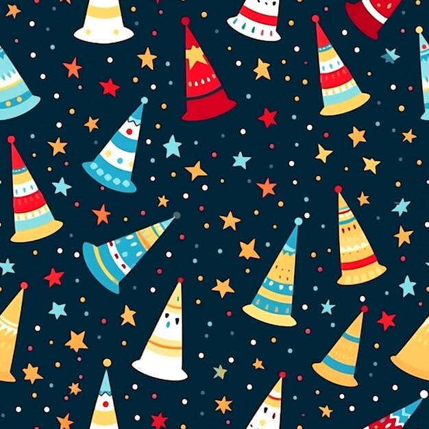 A close up of a pattern of party hats and stars generative ai