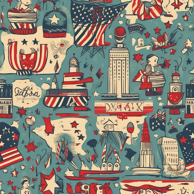 a close up of a pattern of patriotic symbols on a blue background generative ai