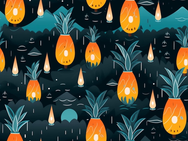 A close up of a pattern of pineapples and rain drops generative ai