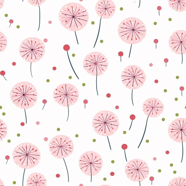 A close up of a pattern of pink dandelions and dots generative ai