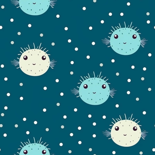 A close up of a pattern of puffer fish on a blue background generative ai