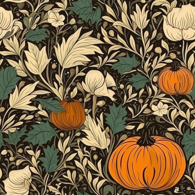 a close up of a pattern of pumpkins and flowers generative ai