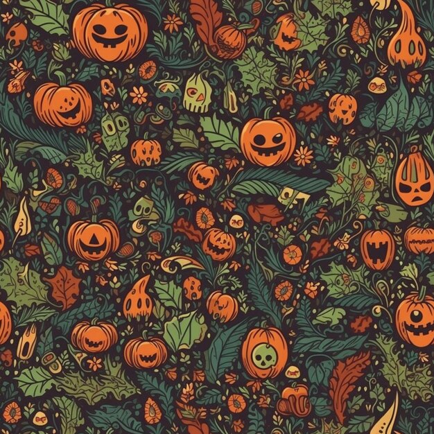A close up of a pattern of pumpkins and leaves generative ai