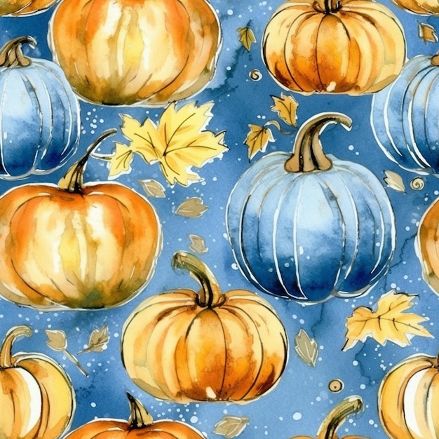 A close up of a pattern of pumpkins and leaves generative ai