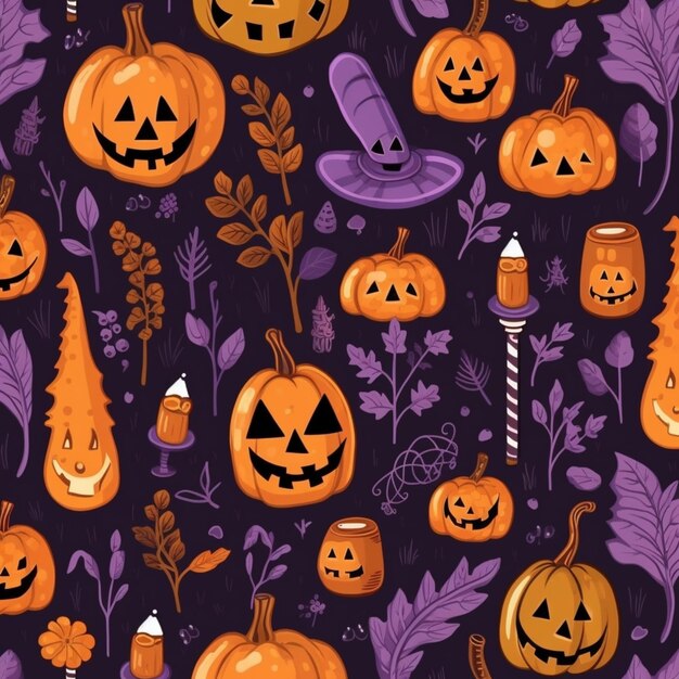 a close up of a pattern of pumpkins and other decorations generative ai