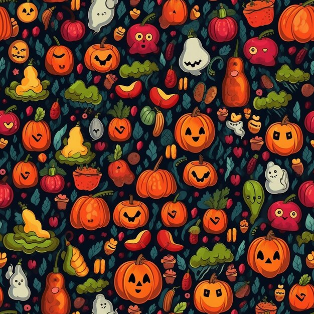 A close up of a pattern of pumpkins and other halloween items generative ai