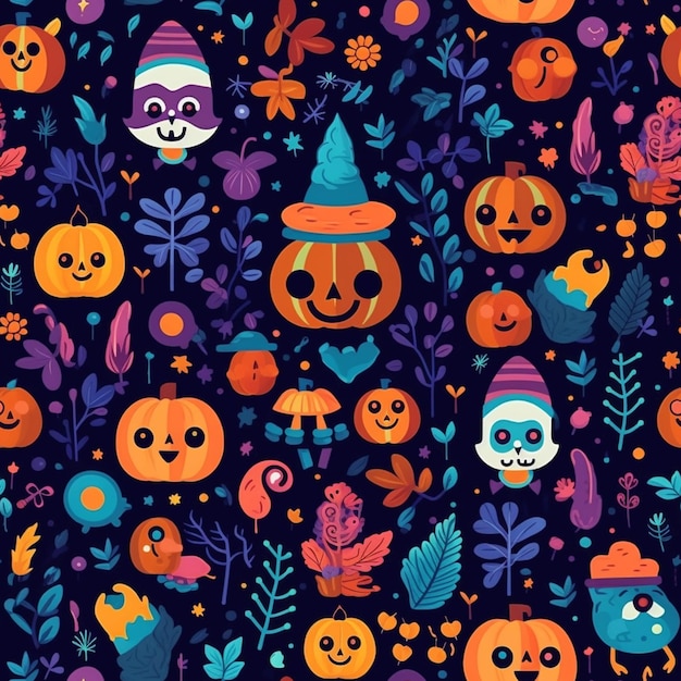 A close up of a pattern of pumpkins and other items generative ai