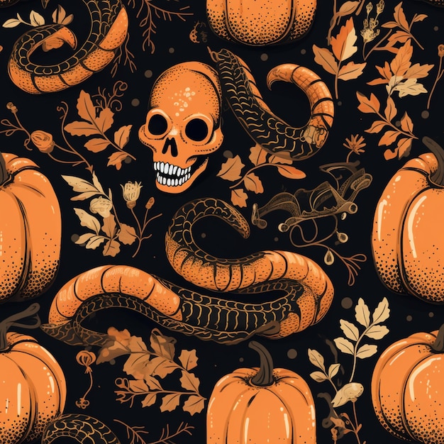 a close up of a pattern of pumpkins and snakes generative ai