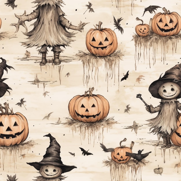 a close up of a pattern of pumpkins and witches generative ai