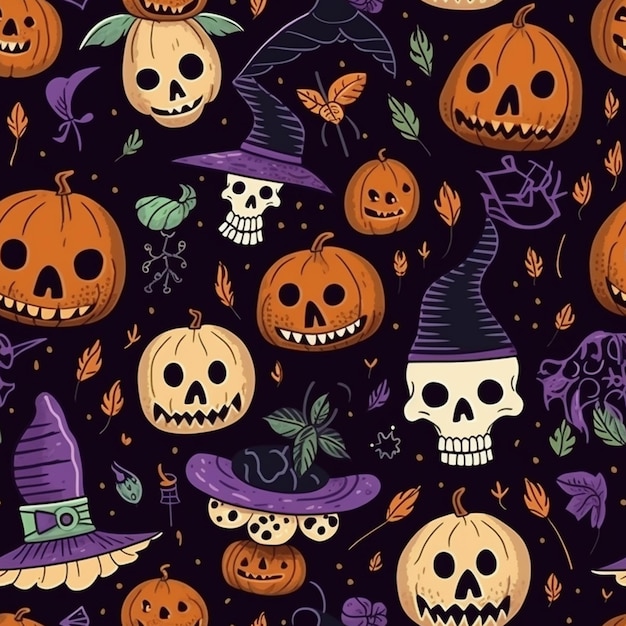 A close up of a pattern of pumpkins and witches hats generative ai