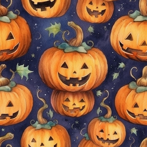 a close up of a pattern of pumpkins with faces generative ai