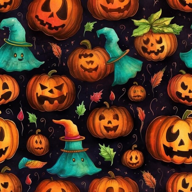 A close up of a pattern of pumpkins with hats and bats generative ai